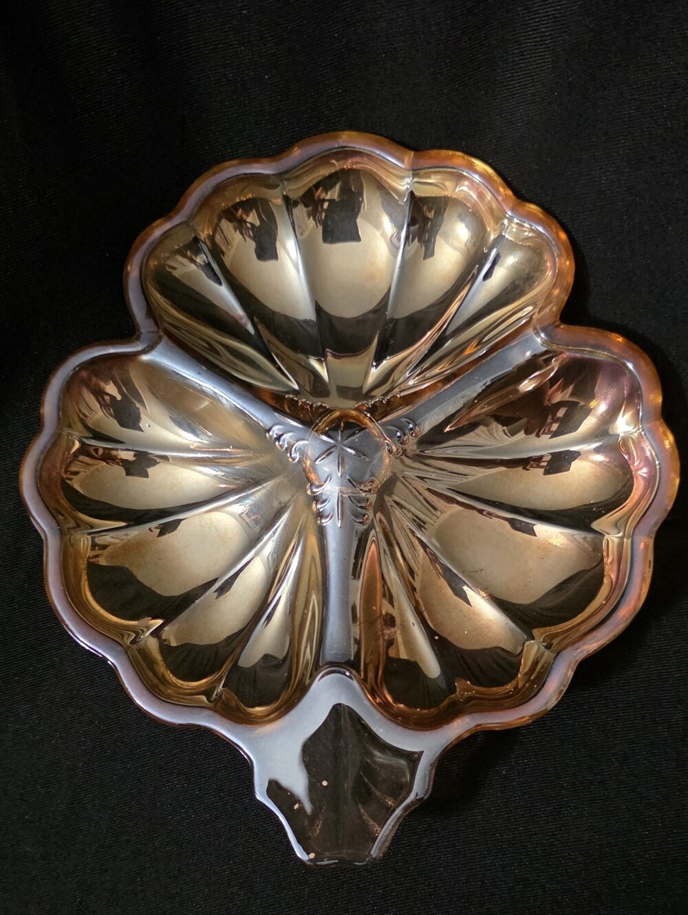 Vintage Jeannette 1632A Clover Leaf Amberglo Carnival Glass Divided Dish